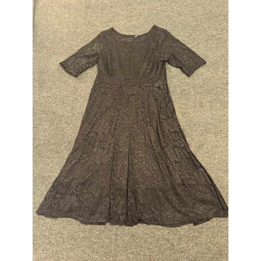 Black Floral Lace Sheer A-Line Dress XL Round Neck Short Sleeve Knee Length